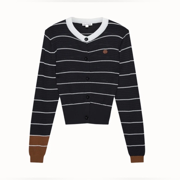 SELFWHO Black Openwork Knit Sweater Long Sleeve T-shirt Size Small - Picture 5 of 16